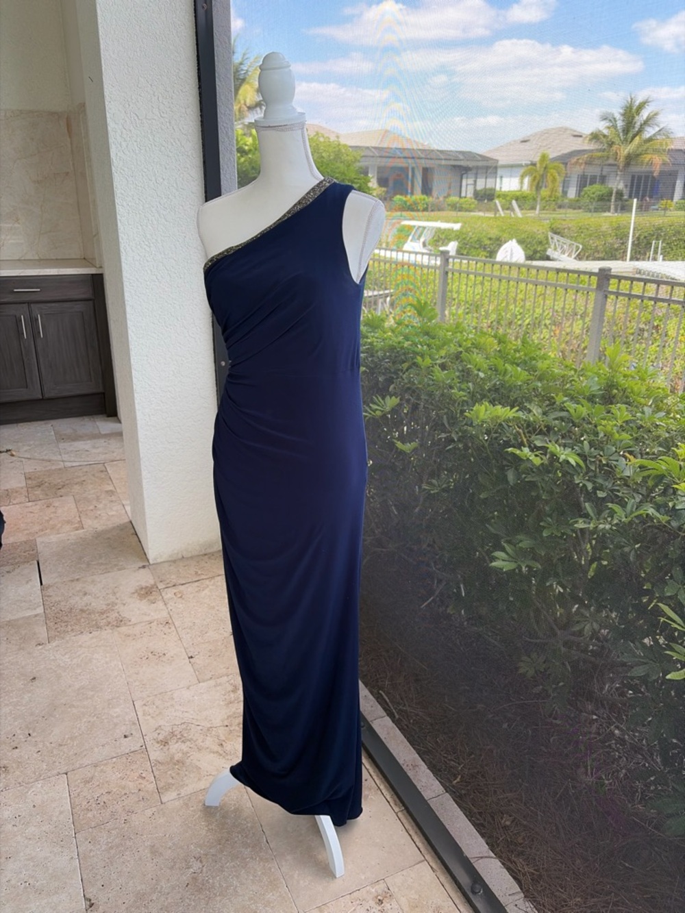 Adrianna Papell Navy One-Shoulder Evening Gown with Beaded Trim